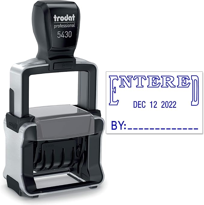 Trodat 5430 Professional Self-Inking Date Stamp with Entered - Blue Ink