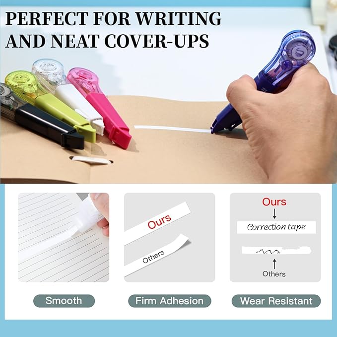 WISOPTUS 19.69ft Correction Tape Pen, 5-Count Pack, Dry Instantly, Stretch Resistant, not Easy to Break, as Smooth as Writing, Perfect for School, Office Supplies, Black White Red Yellow Blue