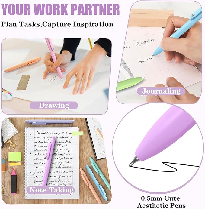 Piochoo Gel Pens, 8pcs Black Ink Pens Ballpoint Smooth Writing,0.5mm Cute Pens for Journaling Writing, Cute Office School Supplies Christmas Stocking Stuffers Gifts for Women Nurses