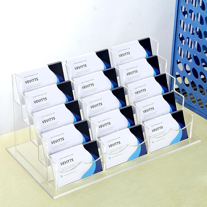 Vevitts Acrylic Business Card Holder for Desk Multiple Business Card Holders Business Card Organizer Business Card Display Rack Clear Plastic Business Card Stand for Home Office (15 Slots)