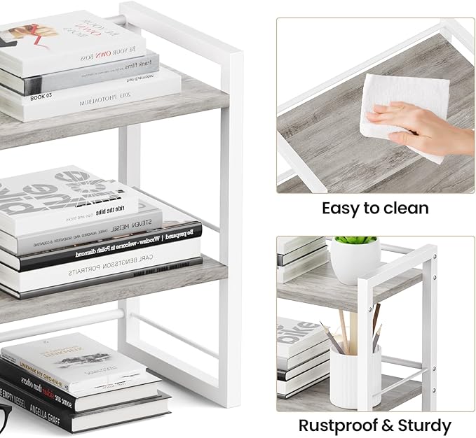 ART-GIFTREE Office Desk Shelf Organizer, Wood Desktop Bookshelf Supplies Storage Rack, Shelf for Top of Desk and Dresser (Grey-2 Tier)