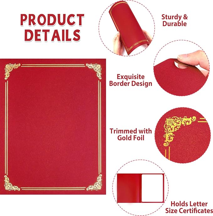 gisgfim 15Pcs Certificate Holders Diploma Covers Single Sided Gold Foil Border Award Certificate Covers for Letter Size 8.5x11 Certificates Cardstock Document Papers Storage Organizer (Bright red)