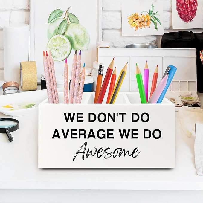 XPH Inspirational Pen Pencil Holder Organizer for Desk, Inspirational Gifts for Women, We Don't Do Average We Do Awesome Motivational Wooden Box Sign for Home Office Desk Tabletop Decorations