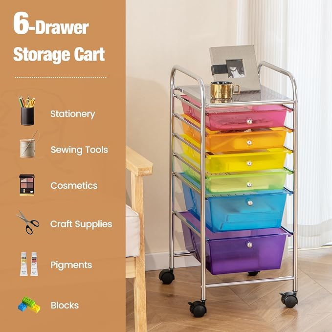 RELAX4LIFE 6-Drawer Rolling Storage Cart - Classroom Organization on Wheels w/Removable Plastic Drawers, Mobile Art Craft Cart for School Paper Home Office, Utility Cart with Drawers (Color)