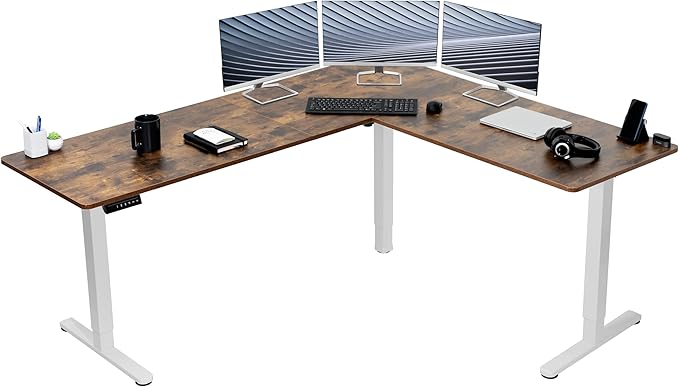 VIVO Electric Corner 75 x 63 inch L-Shaped Standing Desk, Memory Height Adjustment, Rustic Vintage Brown Top White Frame, DESK-E3CTWN-75
