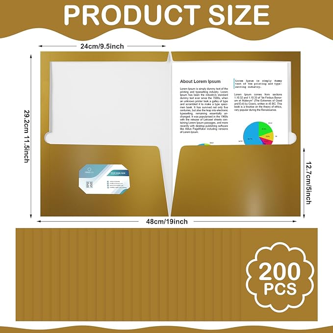 Yeaqee 100 Pack 2 Pockets Glossy Laminated Paper Folder First Day of School Presentation Folder Letter Size Two Pocket File Portfolio Holder Back to School Items Bulk for Teacher Office (Gold)