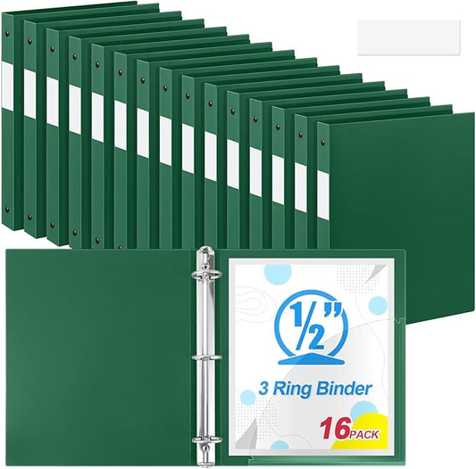 Henoyso 16 Pcs 3 Ring Binder 0.5 Inch Round Fits Letter Size 8.5'' x 11'' Paper Plastic Flexible Binder Bulk Holds 140 Sheets with 1 Pockets Versatile Organizer for Home Office School (Dark Green)