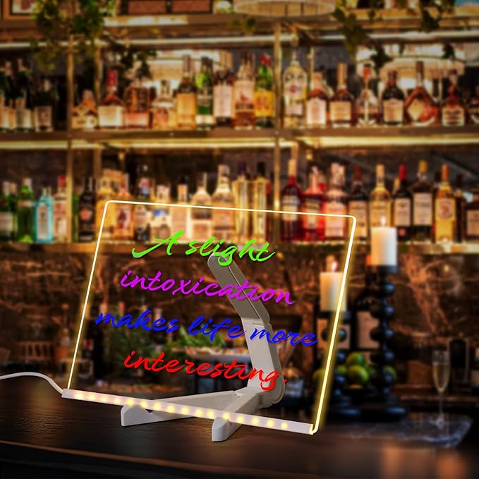 Acrylic Dry Erase Board with Light 11.8 X 7.9” Clear Light up Dry Erase Board with Stand Desktop Glow Memo LED Letter Rewritable Message Board White Board LED Note Board with 7 Color Markers