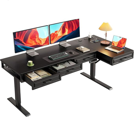 OffiGo L Shaped Electric Standing Desk with Wooden Drawers, 63 Inch Height Adjustable Corner Workstation with Power Outlets, Sit Stand Table for Home, Office, Black