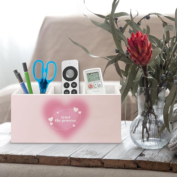 URLLUAE Preppy Pink Heart Aura Inspirational Wooden Pen Pencil Holder for Office Desk Accessories, Trust the Process Spiritual Positive Makeup Brush Toothbrush Holder Organizer