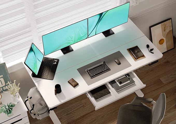 Claiks Standing Desk with Drawers, 55x24 Inch Stand Up Electric Adjustable Height Sit Stand Desk for Computer Workstation, White