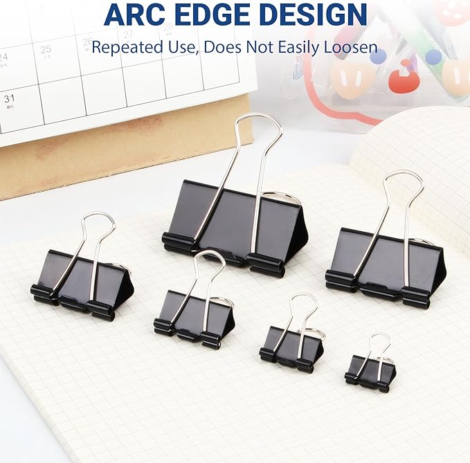 208 PCS Binder Clips Assorted Sizes – 0.6"-2" Black Metal Paper Clamps, Micro and Mini/Small/Medium/Large/Extra Large Binder Clips Set, Canned Office Supplies for Home/School
