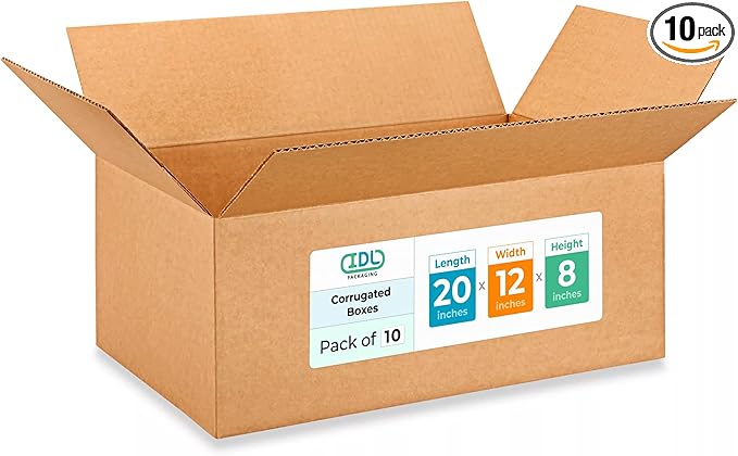 Large Shipping & Moving Boxes 20x12x8 inches (10-Pack) - Extra Strength 200 lb vs Regular - Corrugated Cardboard Boxes for USPS/UPS - Moving Box Large - Packing Box by IDL Packaging