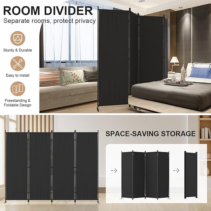 Kecreque Room Divider 4 Panel Partition Room Dividers & Folding Privacy Screens w/ 3 Metal Feet 6FT Portable Wall Doubles as a Dressing Screen Portable Wall for Office Kitchen Children's Room,Black