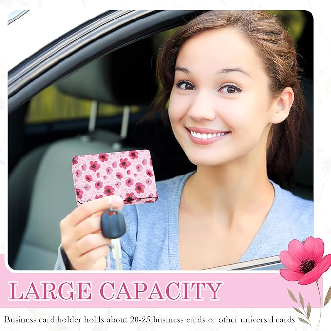 Outus 2 Pieces Business Card Holder, PU Leather Business Card Case Pocket Wallet with Magnetic Shut for Valentines Gift Men Women(Pink and White,Floral)