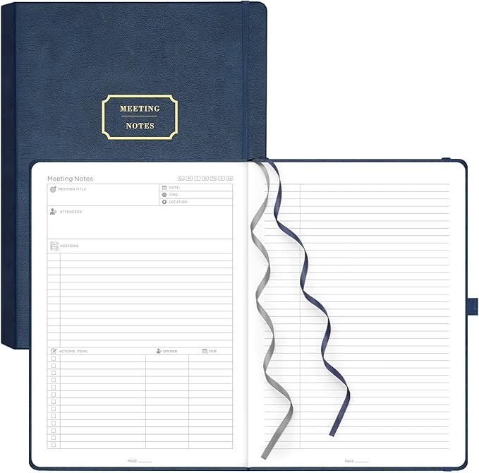 EMSHOI Meeting Notebook for Work with Sticky Tabs - 240 Pages, A4 Size Project Planner, PU Leather Meeting Agenda/Minutes Organizer for Women Men, Note Taking, Office & Business, 8.3"x11.7", Blue