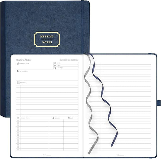 EMSHOI Meeting Notebook for Work with Sticky Tabs - 240 Pages, A4 Size Project Planner, PU Leather Meeting Agenda/Minutes Organizer for Women Men, Note Taking, Office & Business, 8.3"x11.7", Blue