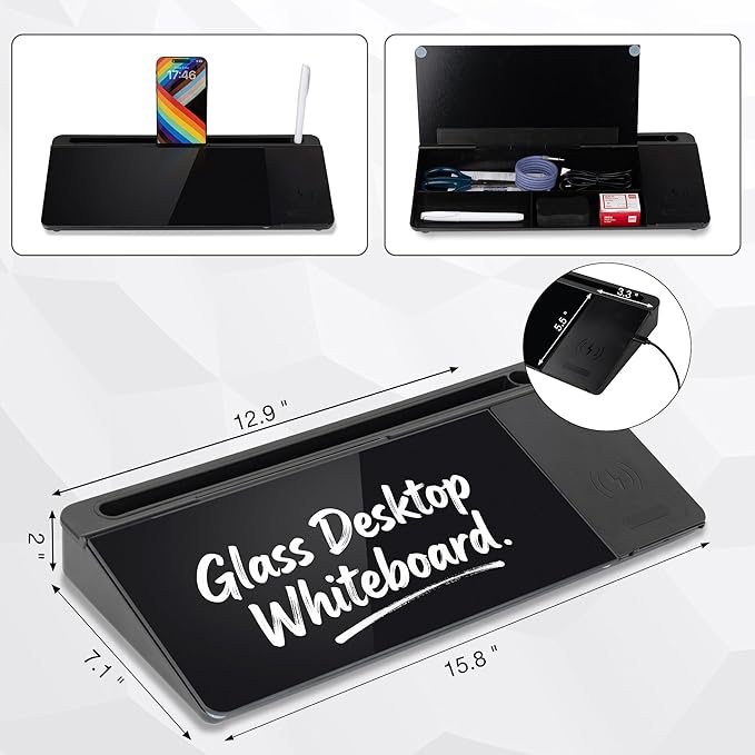 Glass Desktop Whiteboard with Wireless Charger & Storage, Desk Dry Erase Note Memo Board, Compact Desk Organizer for Desk, Office, School Supplies, Black, 2026