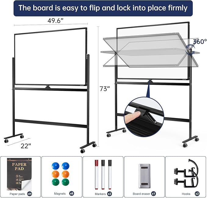 Large Dry-Erase Rolling Magnetic Whiteboard - 48 x 32 Inches Dry Erase Board with Stand Height Adjust Double Sides Mobile White Board Easel on Wheels with 25 Sheets Paper Pad Office, Home & Classroom