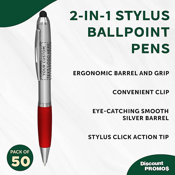DISCOUNT PROMOS Custom Stylus Ballpoint Pens Set of 50, Personalized Bulk Pack - Black Ink, Great for Office, School, Business, Tradeshows, Events - Red
