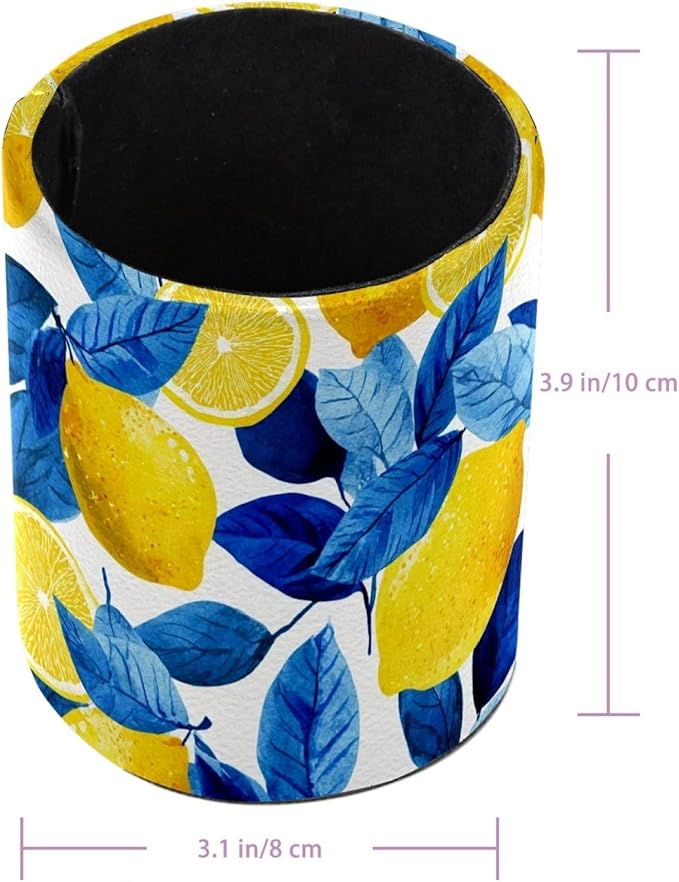 Leather Pen Holder for Desk Lemons Blue Leaves Pattern Pencil Cup Desktop Organizer Makeup Brush Holders Office Supplies for Home, Kids & School