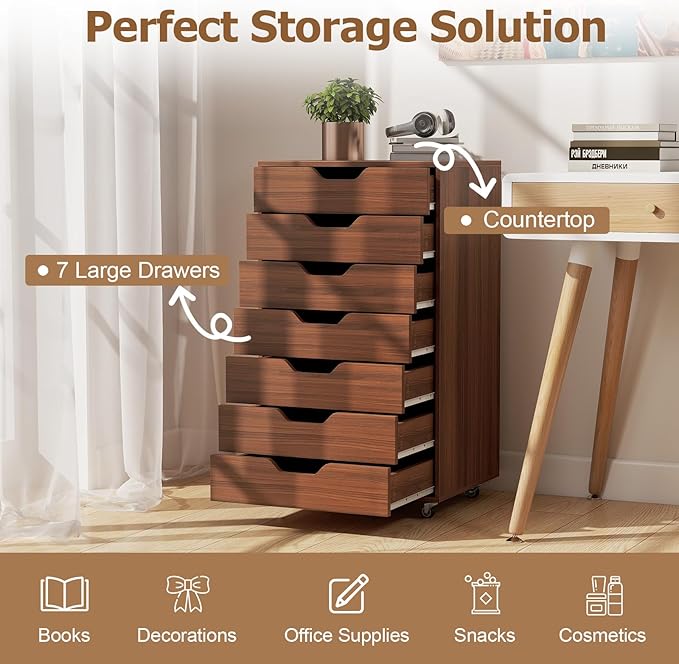 Giantex 7-Drawer Storage Cabinet, Mobile File Organizer with 4 Universal Casters, Wooden Vertical Filing Cabinet on Lockable Wheels for Office, Study, Living Room (19” x 15.5” x 34.5”,Walnut)
