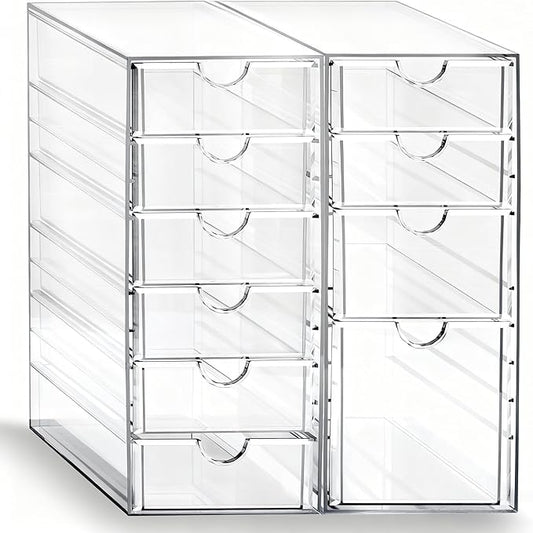 Prsildan Acrylic Drawer Makeup Organizer with 10 Drawers, Set of 2 Office Desk Organizers Accessories, Clear Stackable Storage Drawers for Vanity, Countertop, Craft, Jewelry, Art Supply Organization