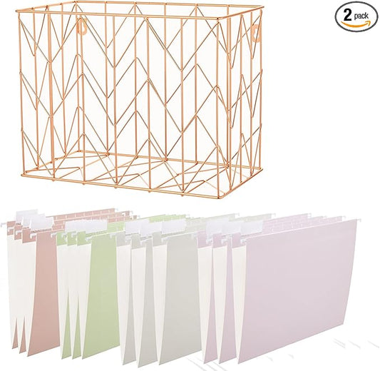 Fei Bi Hanging rose gold file organizer with 12 letter sized hanging folders, file basket, file box, storage box, office and school supplies