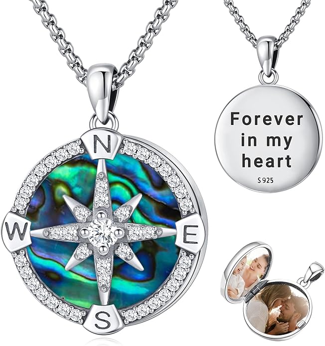 Compass Necklace for Women Men 925 Sterling Silver Pendant Urn Necklaces for Ashes Picture Locket Necklace Anchor Necklace Viking Necklace Crystals CZ Moonstone Abalone Shell Turquoise Compass Jewelry