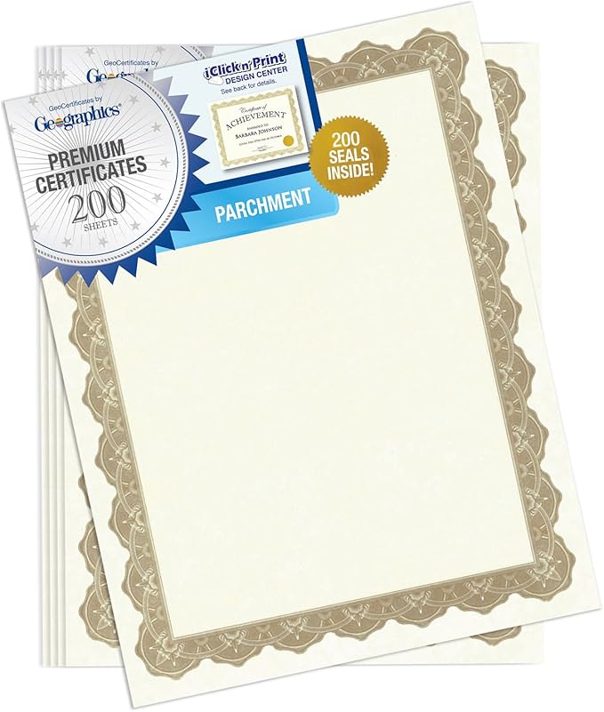 Geographics Optima Gold Blank Award Certificate Paper with Gold Foil Seals, 8.5 x 11, Seal 1.75" (Pack of 200)