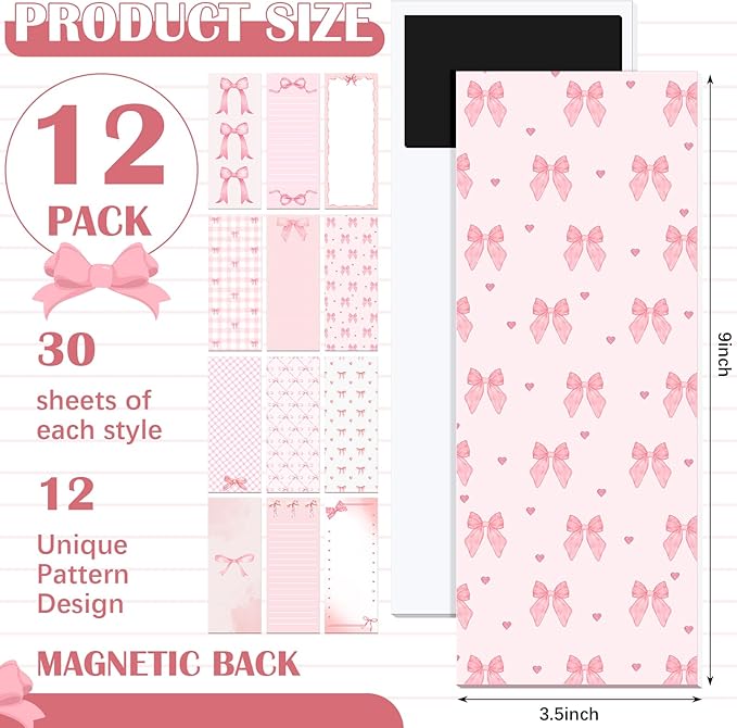 Gersoniel 12 Packs Magnetic Notepads for Refrigerator Monthly Grocery Magnetic List Set to Do List Pads Back Memo Notepad 9 x 3.5 Inches for Fridge Kitchen Shopping Grocery(Pink,Bow)