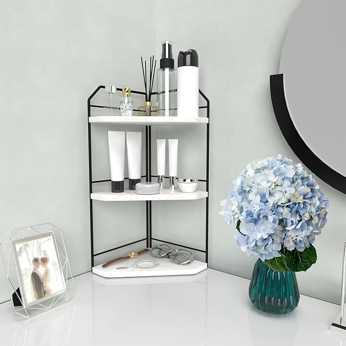 INIUNIK Corner Bathroom Counter Organizer - 3 Tier Wood Vanity Counter Shelf Perfume Skincare Holder, Countertop Corner Shelf Organizer for Bathroom, Kitchen, Rustic White