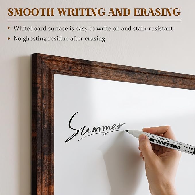White Board for Wall, 24'' x 18'' Magnetic Dry Erase Board, Decorative Whiteboard, Brown Vintage Wooden Frame