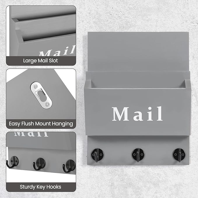 Lucundm Mail and Key Holder - Decorative 9.8" x 12.5" Wall Key Hanger with 2 Mail Organizer Slots and 3 Hooks - Real Paulownia Wood with Keyhole Brackets, Hardware and Instructions (Gray)
