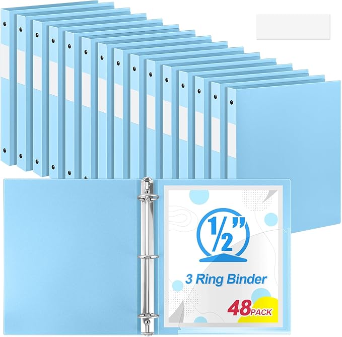 Henoyso 48 Pcs 3 Ring Binder 0.5 Inch Round Fits Letter Size 8.5'' x 11'' Paper Plastic Flexible Binder Bulk Holds 140 Sheets with 1 Pockets Versatile Organizer for Home Office School (Light Blue)