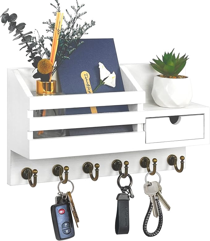 FifthQuarter Key Holder Wall Mount: Key and Mail Holder for Wall with 6 Hooks and Storage Drawer, Easy Installation Key Rack for Entryway Home Decor (A-White)