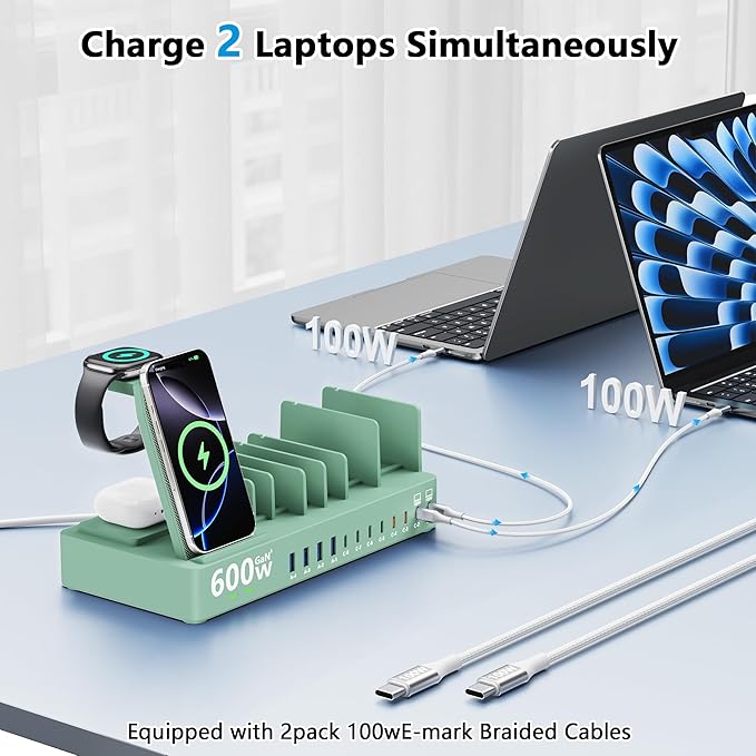 600w Charging Station for Multiple Devices, 15 in 1 Wireless Charger with 2pack 100w USB C Charger Cable, Dual 100w USB C Tablet Charging Station for MacBook,iPhone,iPad,Tablet(Green)