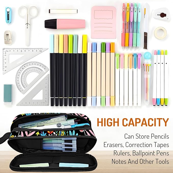 Cute Pencil Case for Girls, Large Girls Pencil Pouch for School Supplies, Portable Floral Pen Bag, Aesthetic Pen Box with Zipper, 2 Compartments Stationary Organizer for Kids Teens Students Adults