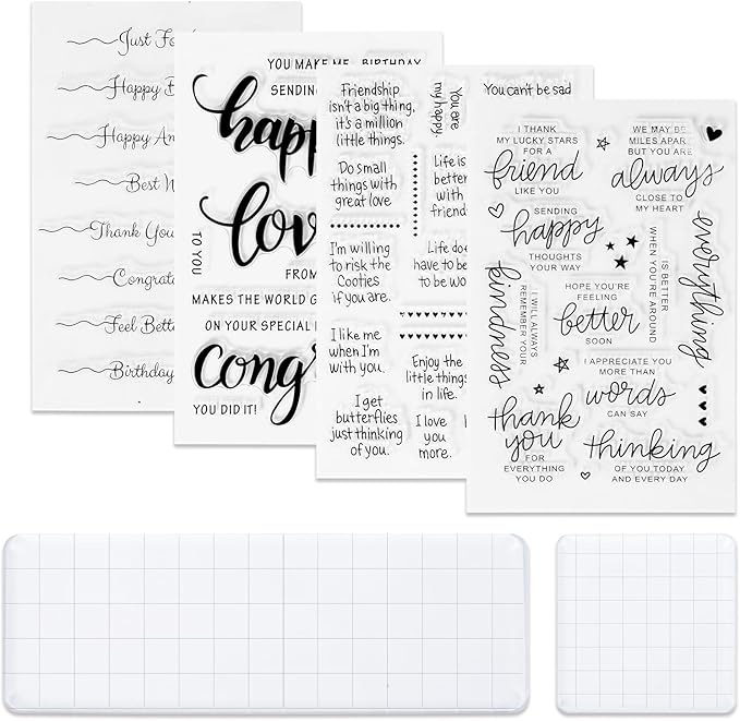 UCEC 4 Sheets Words Clear Stamps for Card Making Silicone Stamp with 2 PCS Acrylic Stamp Block for Easter Birthday Holiday Card and DIY Scrapbooking Journal(Classic)