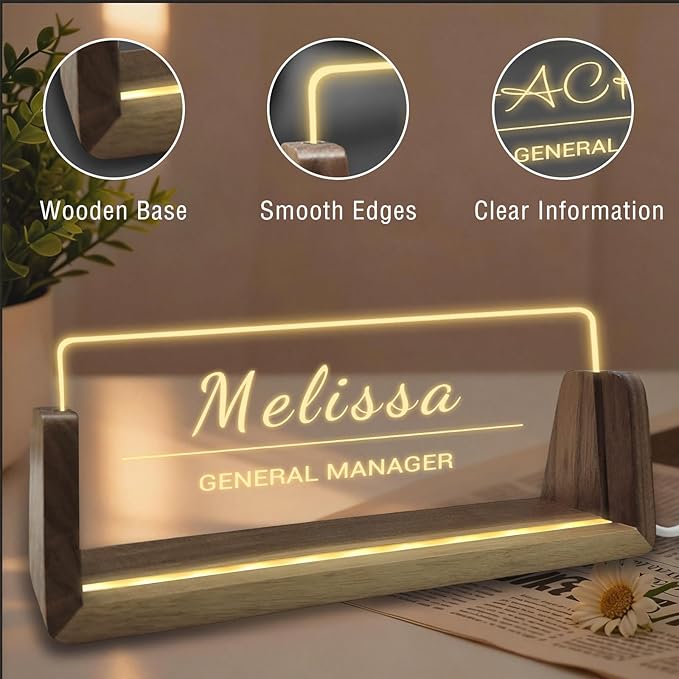 Personalized Acrylic Light Up Name Plate for Desk Custom Desk Name Plate Sign with Warm LED Light & Wooden Base Customized Office Accessories for Boss Teacher Employee