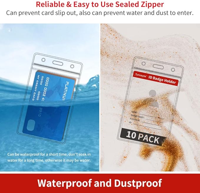 Turxayox 50 Pcs Clear ID Badge Holder, Vertical Plastic Name Tag Protector, Key Card Badge Holders with Waterproof Resealable Zipper for Nurses, Office, School and Lanyards Use