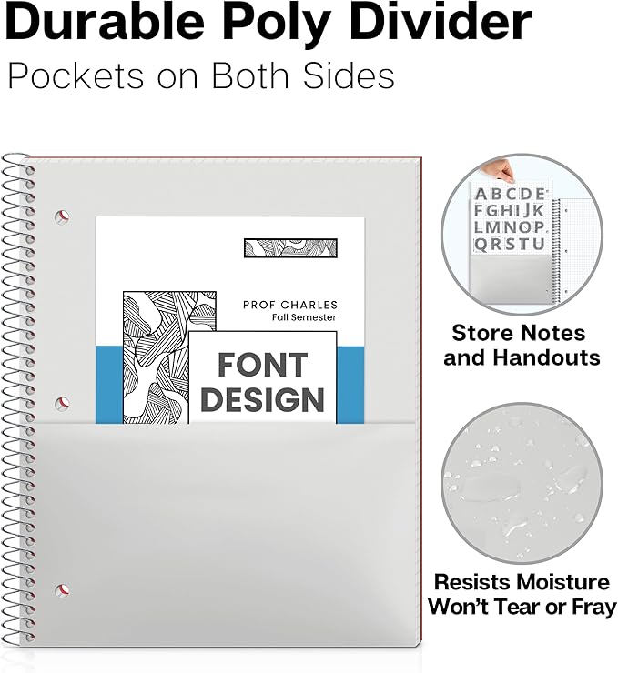 Dunwell Graph Paper Notebook 8.5 x 11 (Red) Plastic Cover, 100 Sheets (200 Pages), 4x4 Squares, 1 Subject Graph Paper Spiral Notebook, 1/4" Grid, Pocket Divider, Easy Tear-Off, 3-Hole Punched