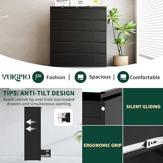 Yukimo 5 Drawer File Cabinet with Lock, Vertical Filing Cabinets for Home Office, Locking File Cabinet Hanging Files for A4/ Legal/Letter, Require Assembly, Black