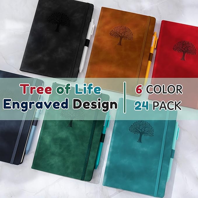 Qeeenar 24 Pack Leather Notebook Journals Bulk 5.7" x 8.3" Harder Cover A5 Journals for Writing Men Women Leather Travel Notebooks Daily Gifts for Office School (Multicolored)