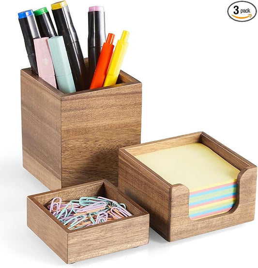 CMLKLZD Desk Organizer Set of 3 - Acacia Wood Office Desk Accessories - Desk Organizers and Accessories for Women Men - Set incl. Pencil Pen Holder, Paperclip Storage and Sticky Note Holder