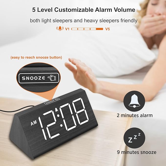 DreamSky Wooden Digital Alarm Clock for Bedroom - RGB Electric Desk Clock with Large Numbers, USB Port, Loud Alarm for Heavy Sleepers, Dimmer and Volume Control, Snooze, Wood Décor (Adapter Powered)