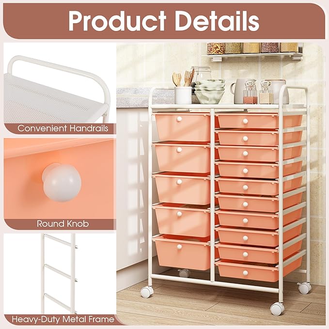 COSTWAY 15-Drawer Rolling Storage Cart, Mobile Utility Cart with Heavy-duty Frame & Lockable Wheels, Multipurpose Storage Organizer for Tools, Paper, Home, Office, School, Peach
