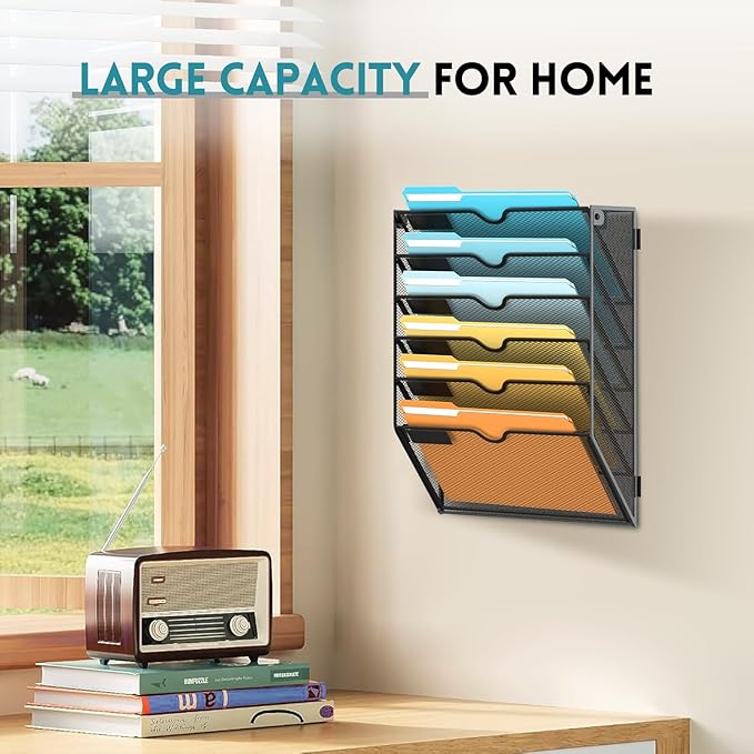 SUPEASY Wall File Organizer Mesh Office Mail Holder, Hanging Wall Organizer Magazine Rack for Office Black, 6 Tier