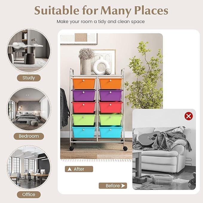 LDAILY 10 Drawer Rolling Cart, Storage Cart Organizer on Wheels, Drawer Cart with Metal Frame & Large Storage Capacity, Rolling Cart with Drawers for Living Room Classroom, Office