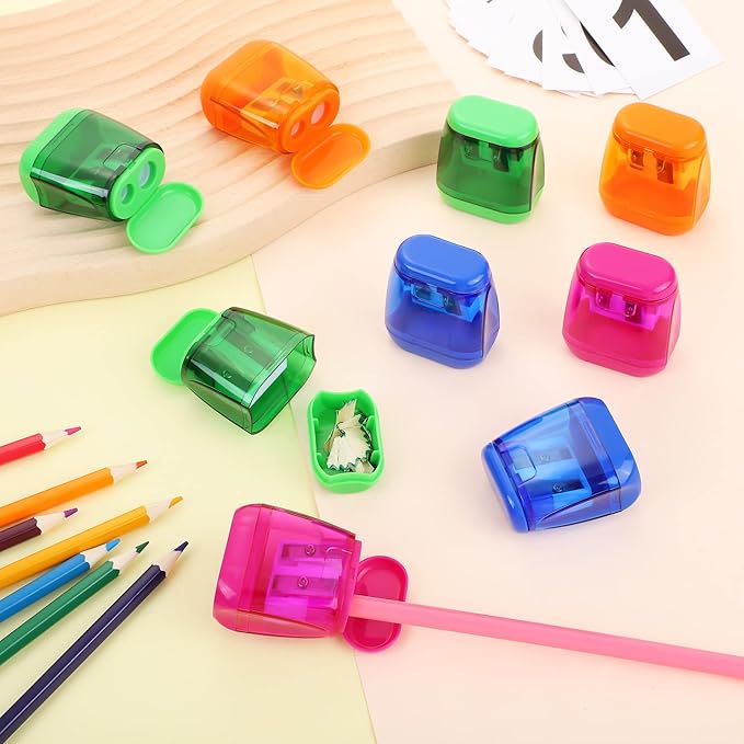Aodaer 48 Pieces Manual Pencil Sharpeners Dual Hole Compact Sharpener with Lid for Pencil Sharpener in Office, Home Mixed 4 Colors